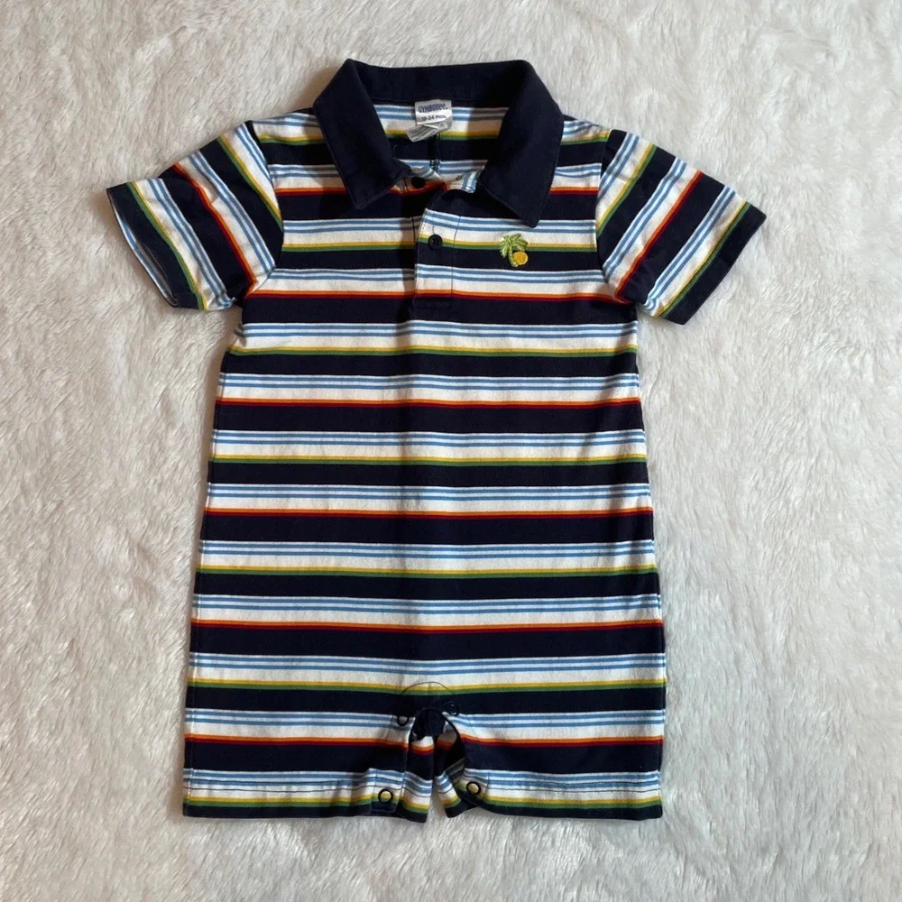 VTG Gymboree Boys 18-24M Striped Polo Romper Multi Color Palm Tree 2005 Y2K